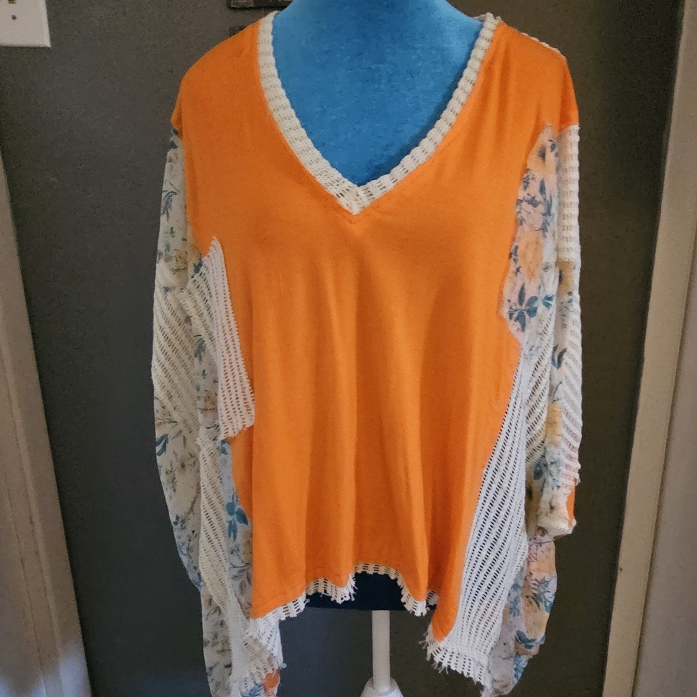 POL White and Orange Crochet Poncho